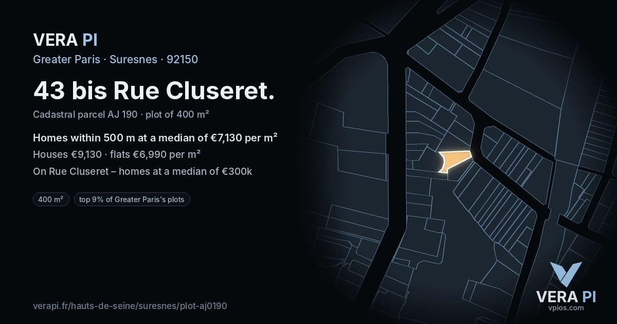 43 bis Rue Cluseret, Suresnes at night – the plot lit, the parcels around coloured by the prices near them