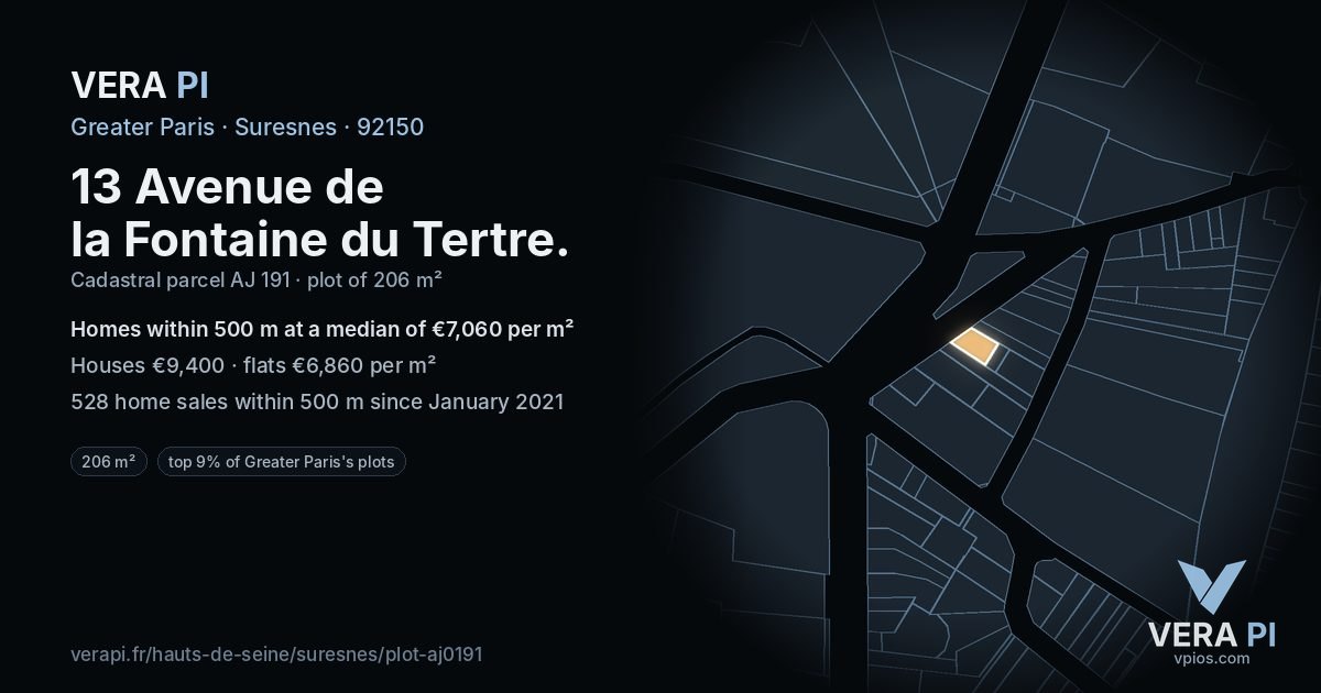 13 Avenue de la Fontaine du Tertre, Suresnes at night – the plot lit, the parcels around coloured by the prices near them