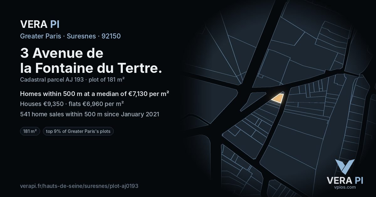 3 Avenue de la Fontaine du Tertre, Suresnes at night – the plot lit, the parcels around coloured by the prices near them