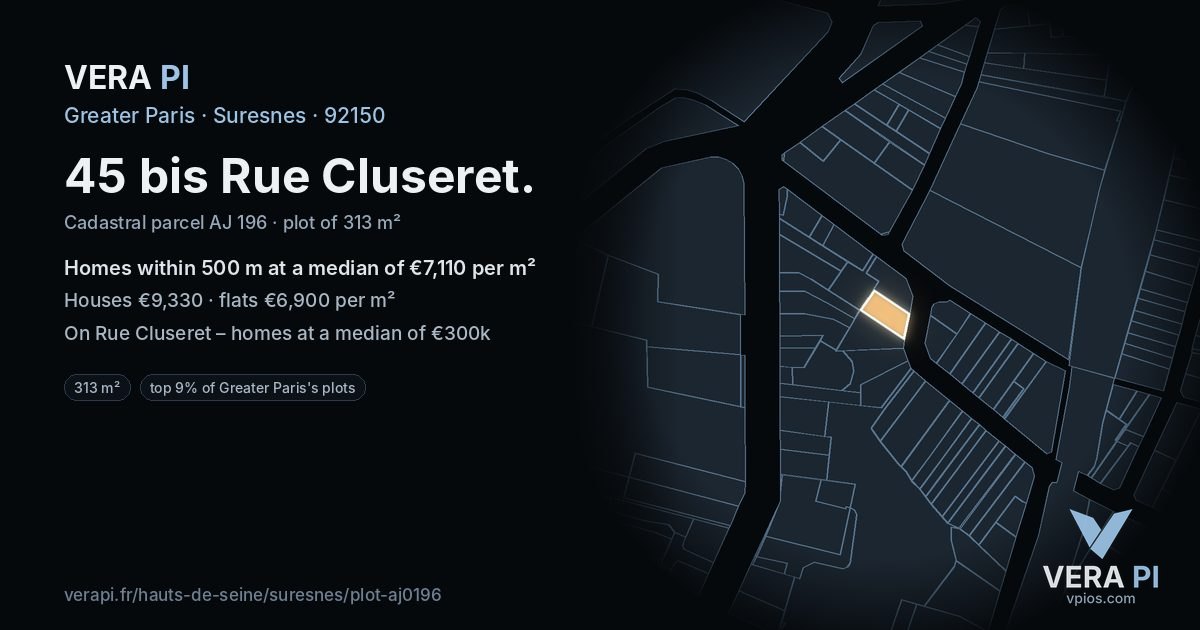 45 bis Rue Cluseret, Suresnes at night – the plot lit, the parcels around coloured by the prices near them
