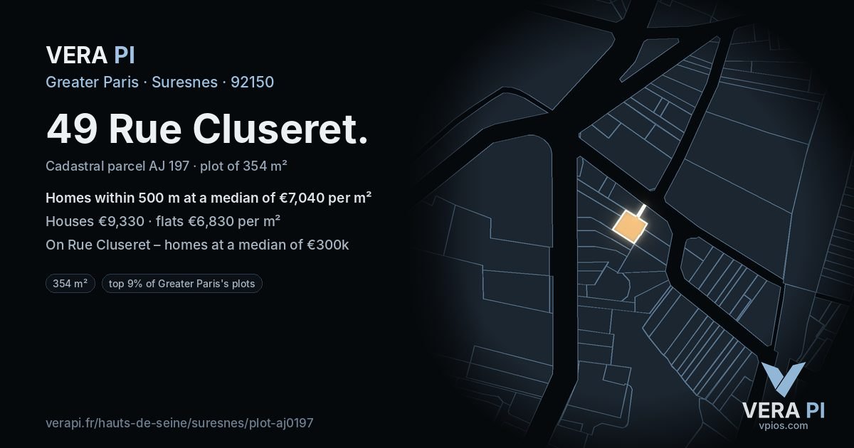49 Rue Cluseret, Suresnes at night – the plot lit, the parcels around coloured by the prices near them