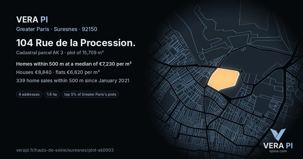 104 Rue de la Procession, Suresnes at night – the plot lit, the parcels around coloured by the prices near them