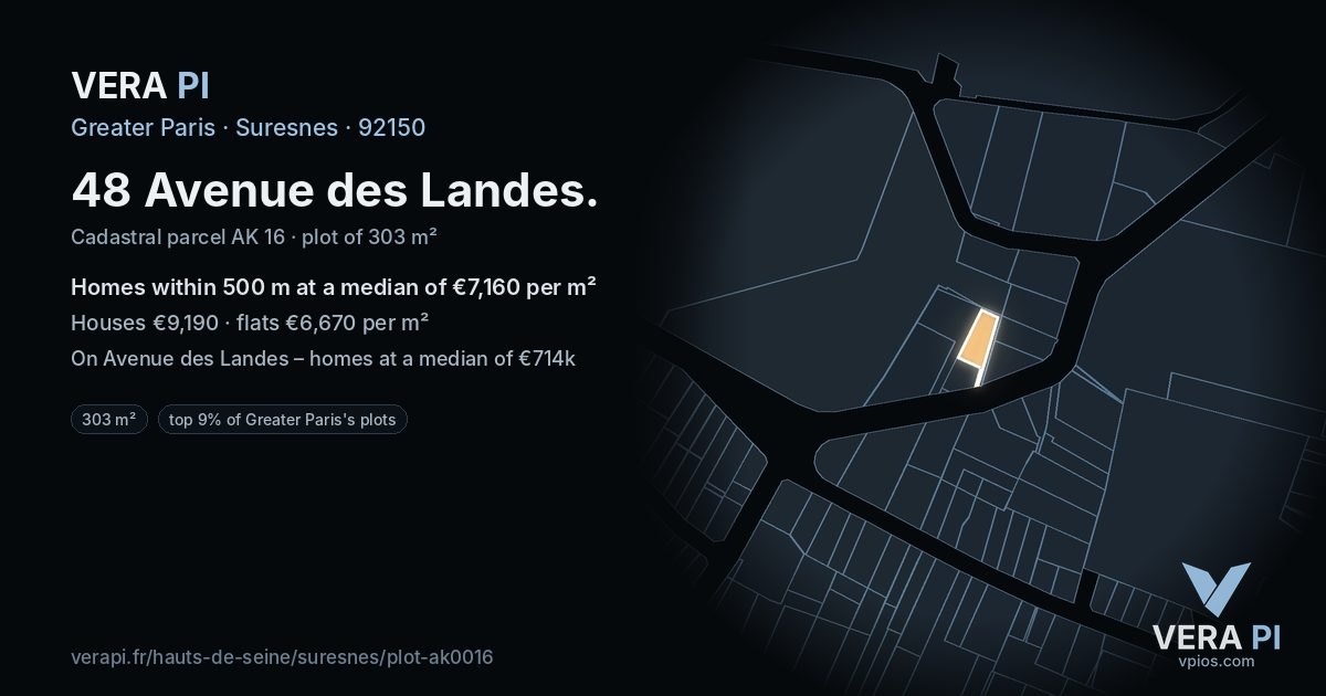 48 Avenue des Landes, Suresnes at night – the plot lit, the parcels around coloured by the prices near them