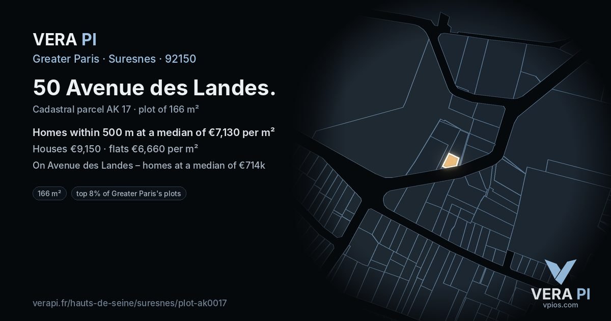 50 Avenue des Landes, Suresnes at night – the plot lit, the parcels around coloured by the prices near them