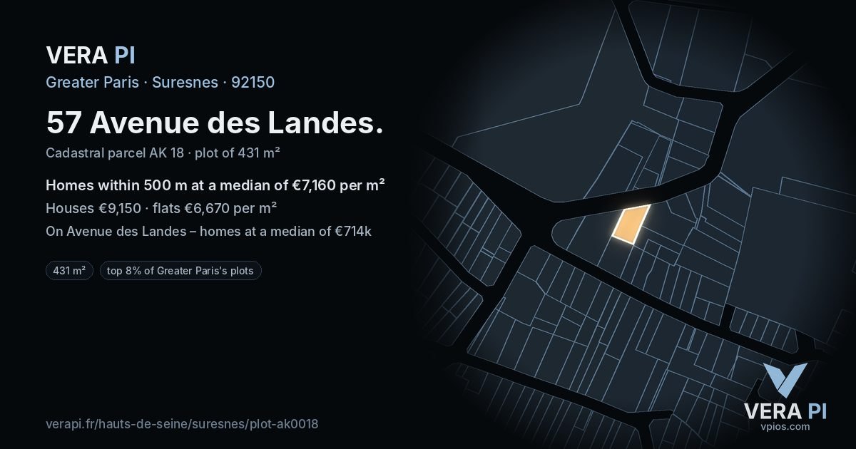 57 Avenue des Landes, Suresnes at night – the plot lit, the parcels around coloured by the prices near them