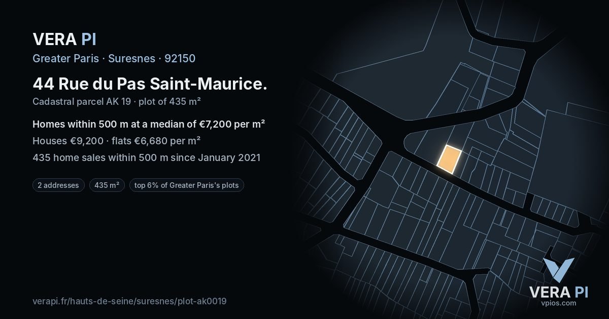 44 Rue du Pas Saint-Maurice, Suresnes at night – the plot lit, the parcels around coloured by the prices near them
