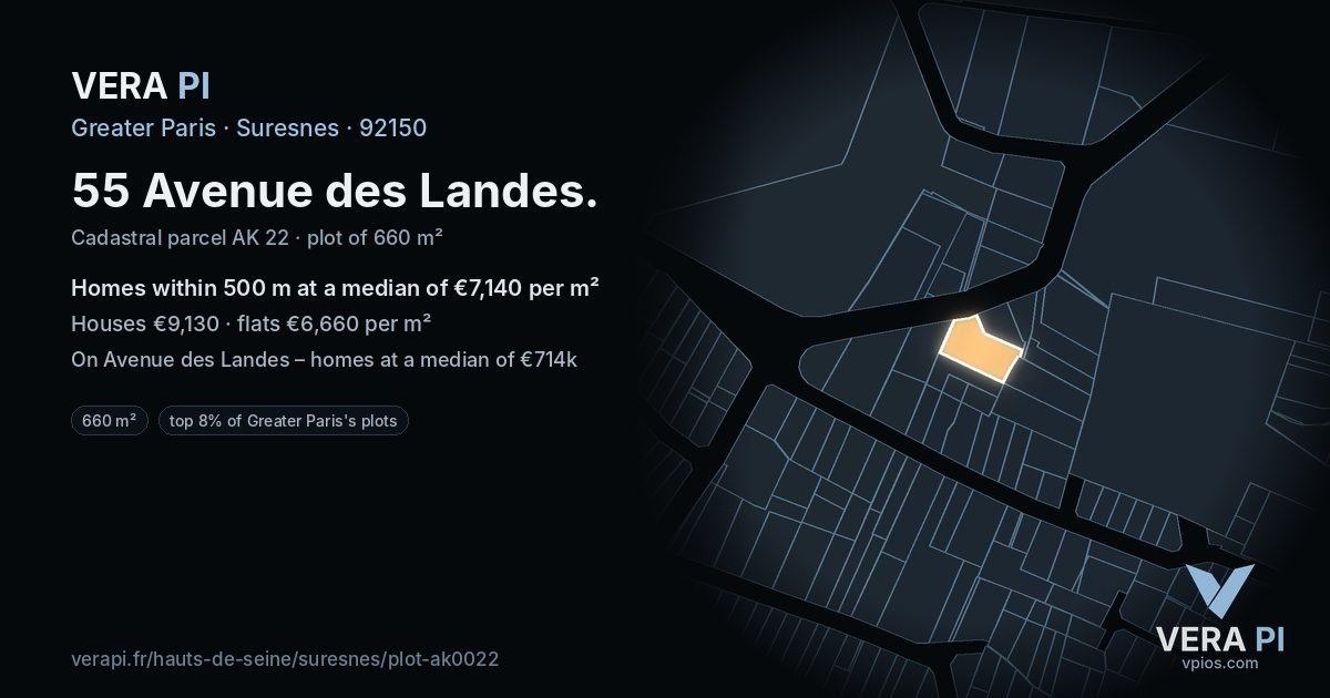 55 Avenue des Landes, Suresnes at night – the plot lit, the parcels around coloured by the prices near them