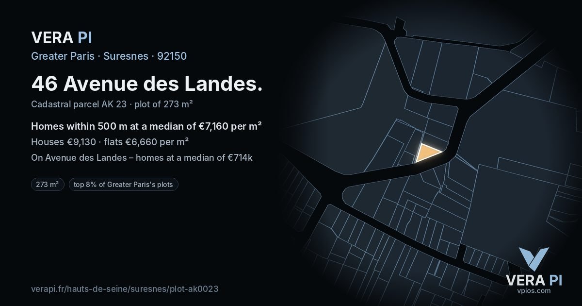 46 Avenue des Landes, Suresnes at night – the plot lit, the parcels around coloured by the prices near them