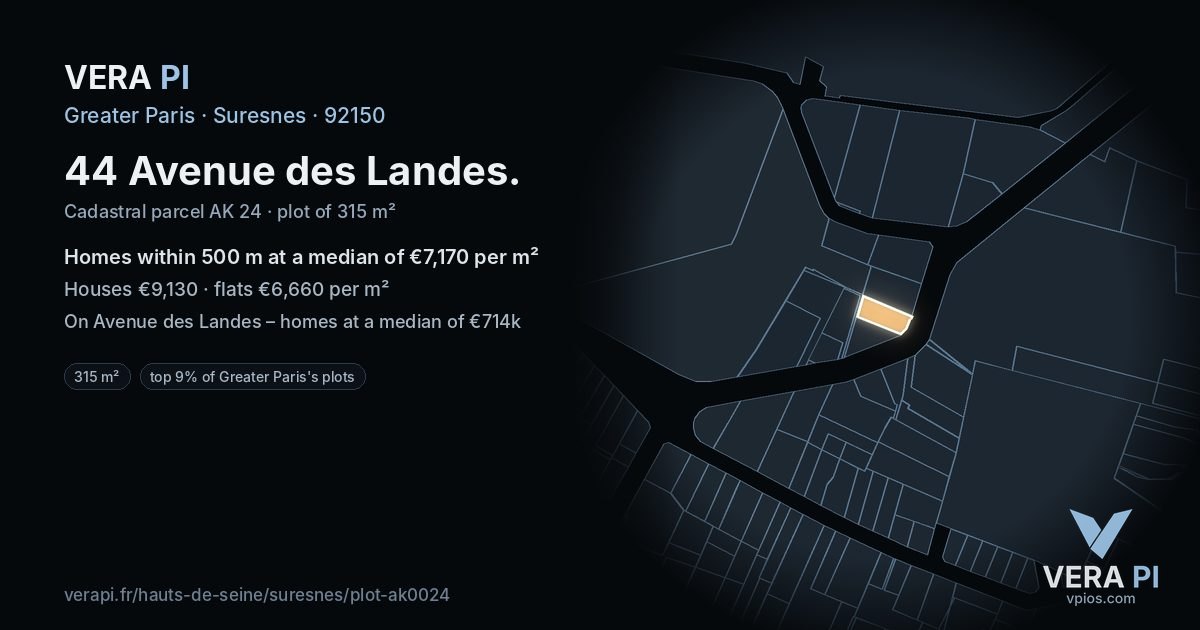 44 Avenue des Landes, Suresnes at night – the plot lit, the parcels around coloured by the prices near them
