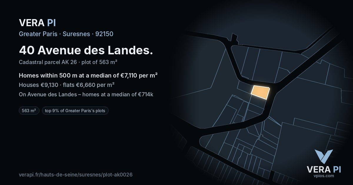 40 Avenue des Landes, Suresnes at night – the plot lit, the parcels around coloured by the prices near them