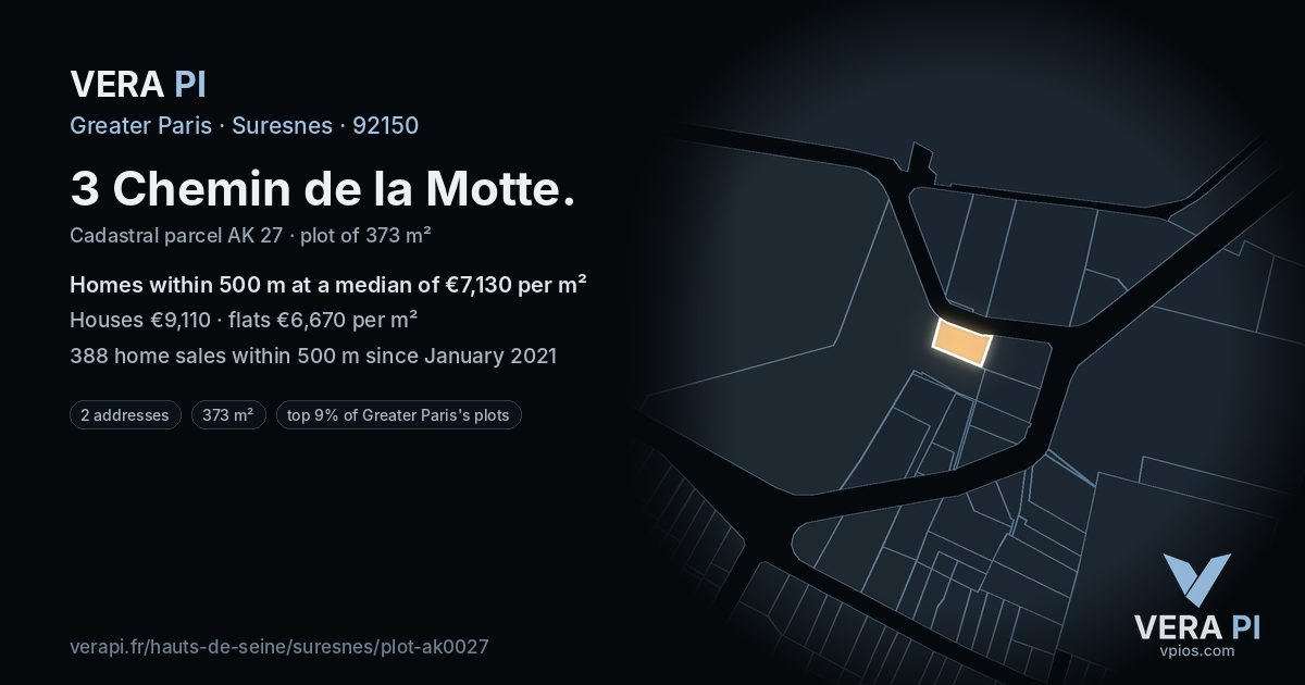 3 Chemin de la Motte, Suresnes at night – the plot lit, the parcels around coloured by the prices near them