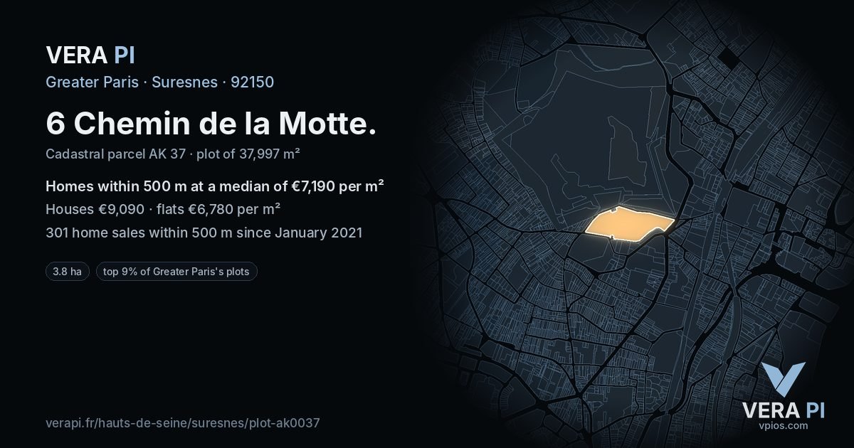 6 Chemin de la Motte, Suresnes at night – the plot lit, the parcels around coloured by the prices near them
