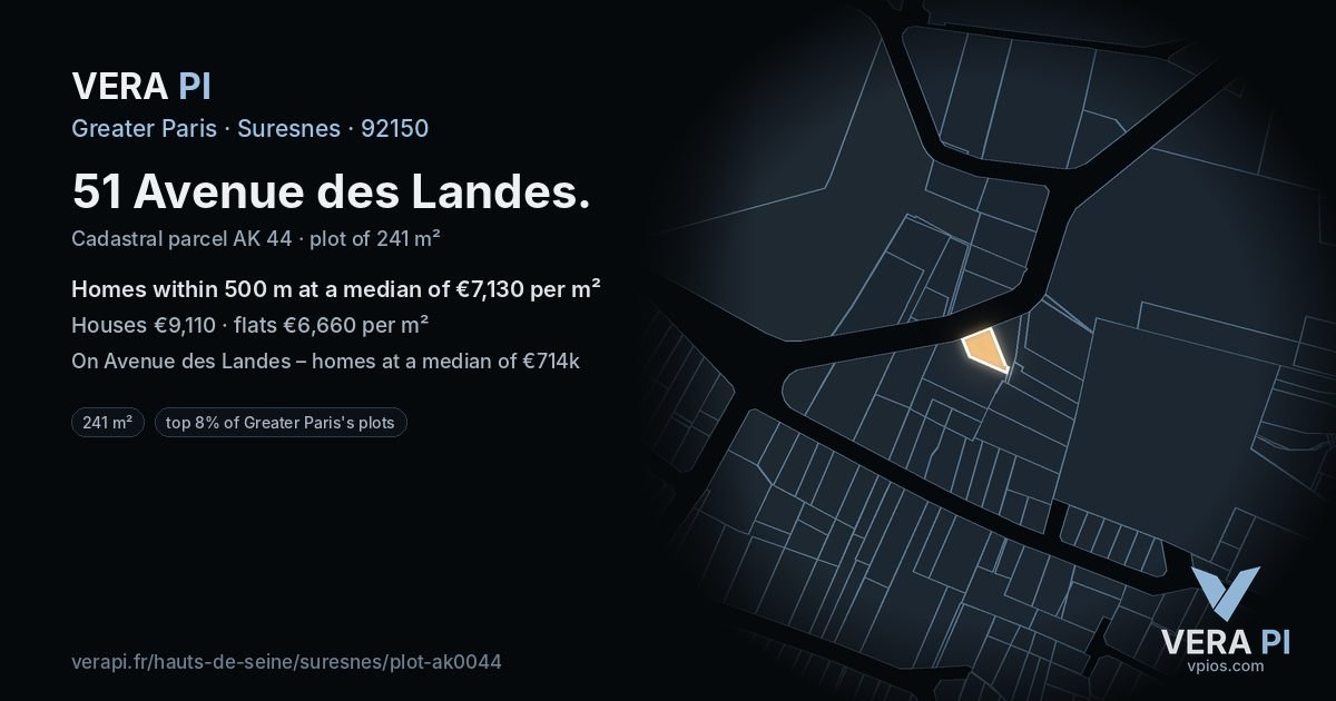 51 Avenue des Landes, Suresnes at night – the plot lit, the parcels around coloured by the prices near them