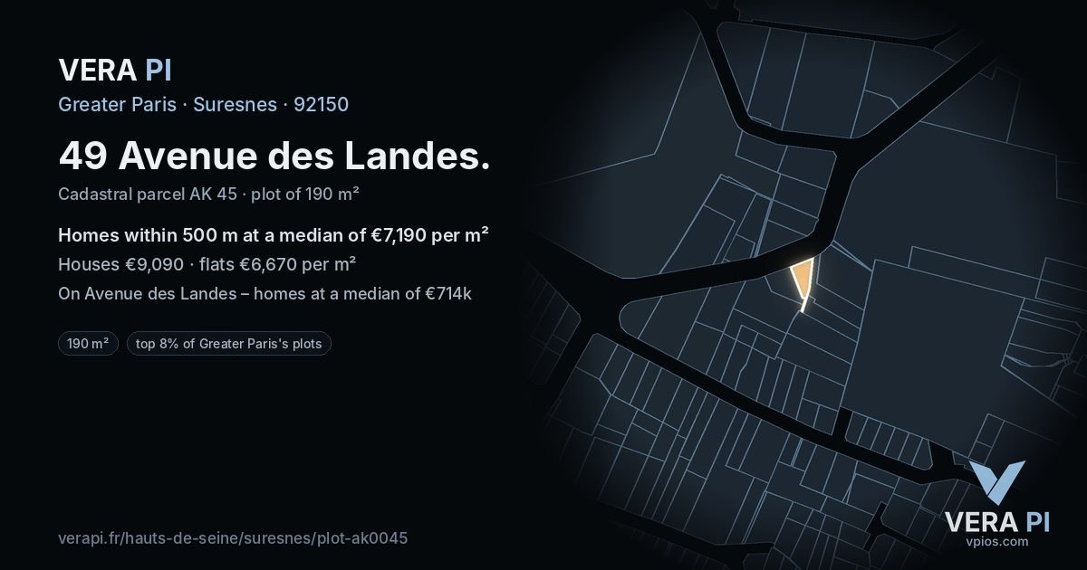 49 Avenue des Landes, Suresnes at night – the plot lit, the parcels around coloured by the prices near them
