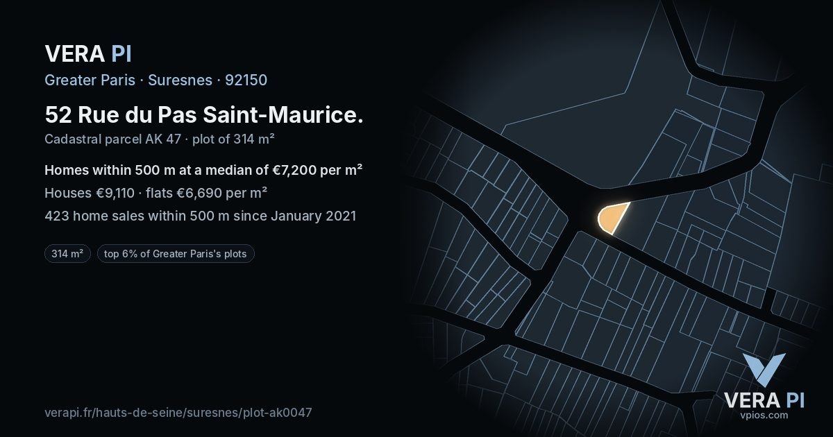 52 Rue du Pas Saint-Maurice, Suresnes at night – the plot lit, the parcels around coloured by the prices near them