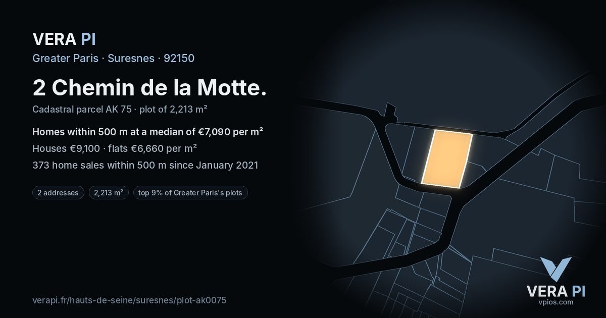 2 Chemin de la Motte, Suresnes at night – the plot lit, the parcels around coloured by the prices near them