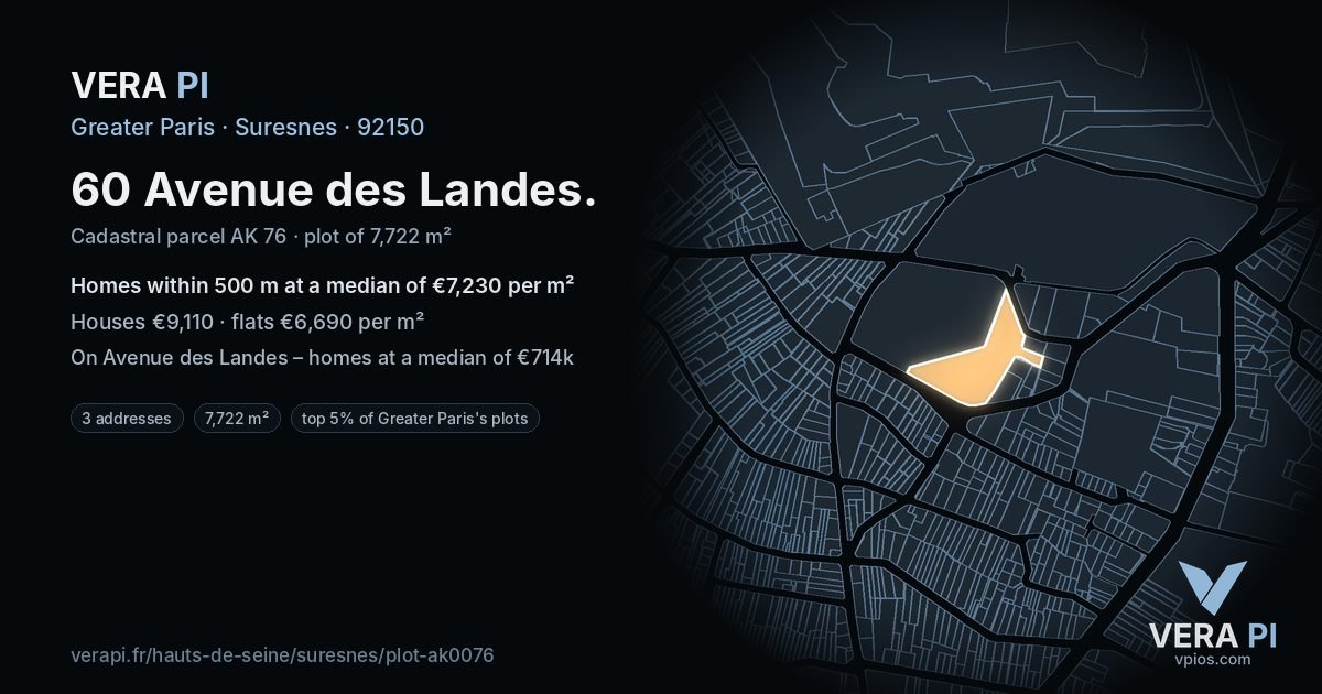 60 Avenue des Landes, Suresnes at night – the plot lit, the parcels around coloured by the prices near them