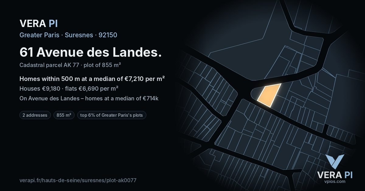 61 Avenue des Landes, Suresnes at night – the plot lit, the parcels around coloured by the prices near them