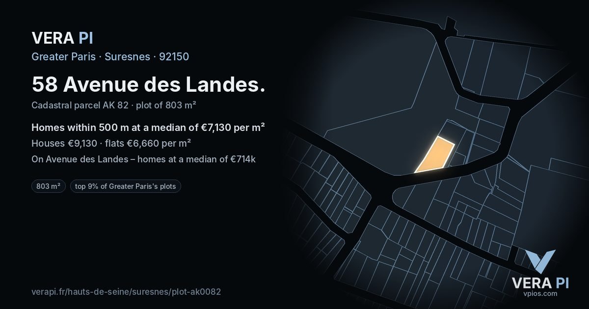 58 Avenue des Landes, Suresnes at night – the plot lit, the parcels around coloured by the prices near them