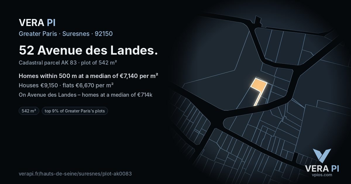 52 Avenue des Landes, Suresnes at night – the plot lit, the parcels around coloured by the prices near them