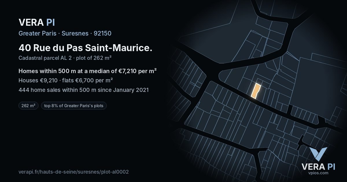 40 Rue du Pas Saint-Maurice, Suresnes at night – the plot lit, the parcels around coloured by the prices near them