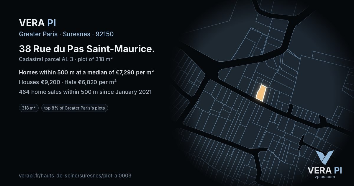 38 Rue du Pas Saint-Maurice, Suresnes at night – the plot lit, the parcels around coloured by the prices near them