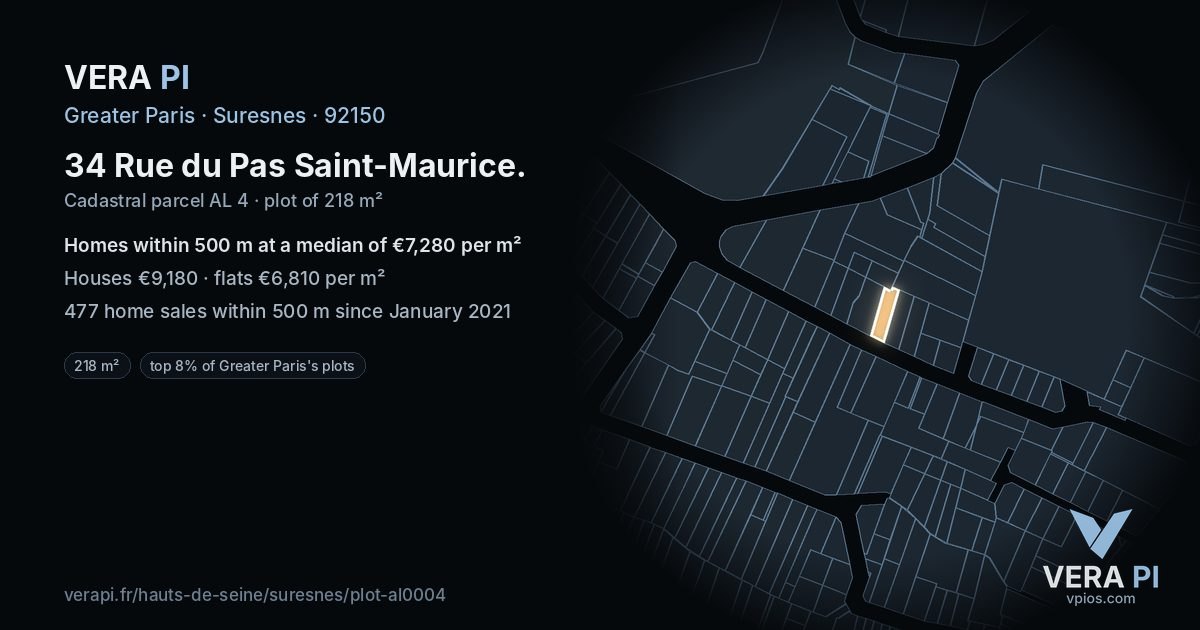 34 Rue du Pas Saint-Maurice, Suresnes at night – the plot lit, the parcels around coloured by the prices near them