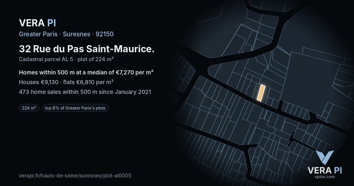 32 Rue du Pas Saint-Maurice, Suresnes at night – the plot lit, the parcels around coloured by the prices near them