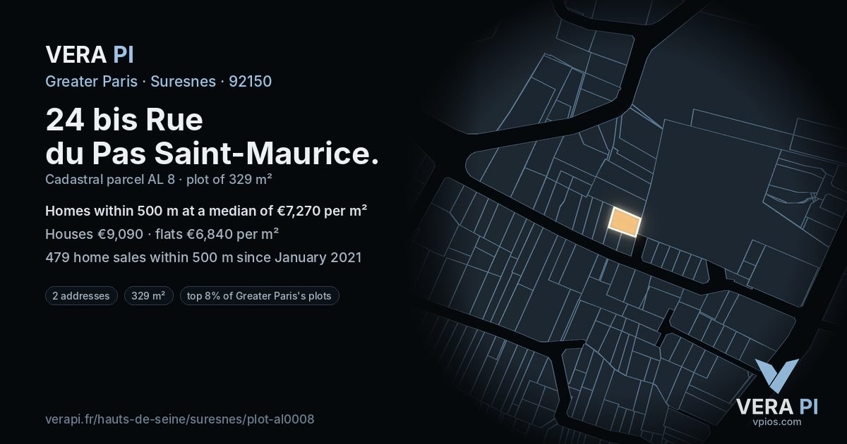 24 bis Rue du Pas Saint-Maurice, Suresnes at night – the plot lit, the parcels around coloured by the prices near them