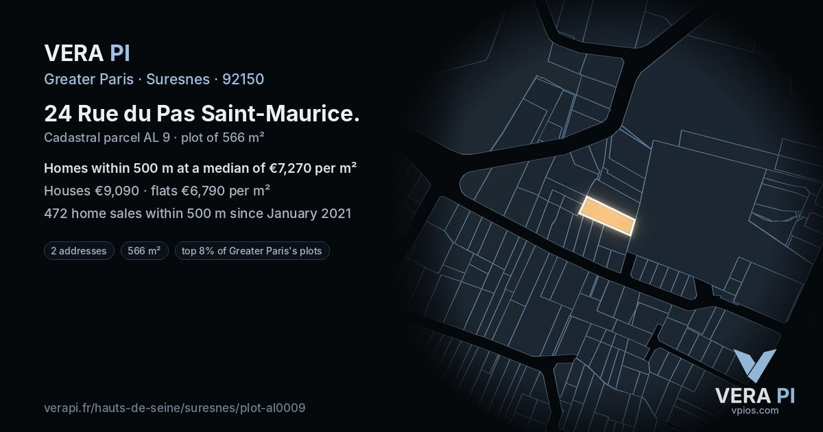 24 Rue du Pas Saint-Maurice, Suresnes at night – the plot lit, the parcels around coloured by the prices near them
