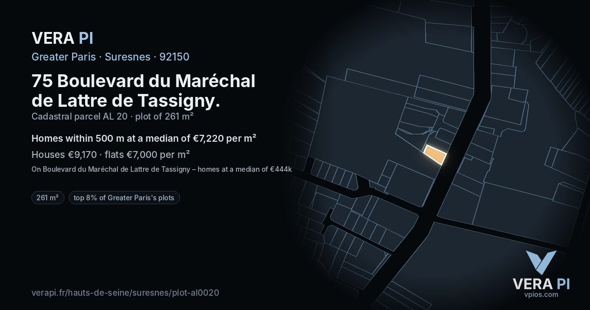 75 Boulevard du Maréchal de Lattre de Tassigny, Suresnes at night – the plot lit, the parcels around coloured by the prices near them