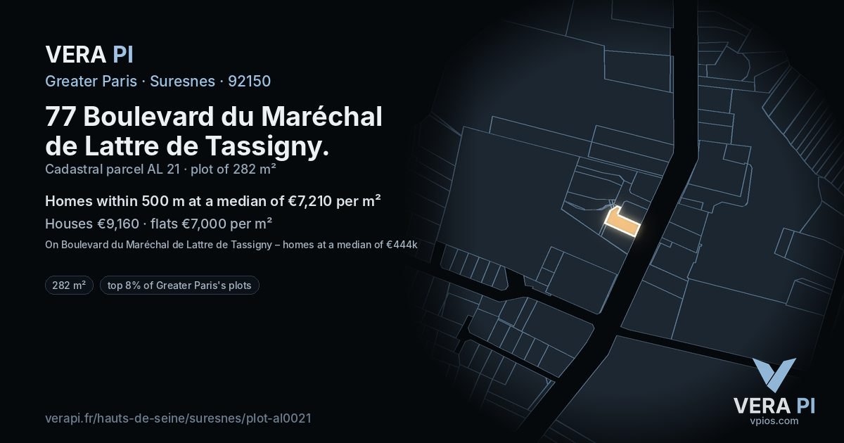 77 Boulevard du Maréchal de Lattre de Tassigny, Suresnes at night – the plot lit, the parcels around coloured by the prices near them