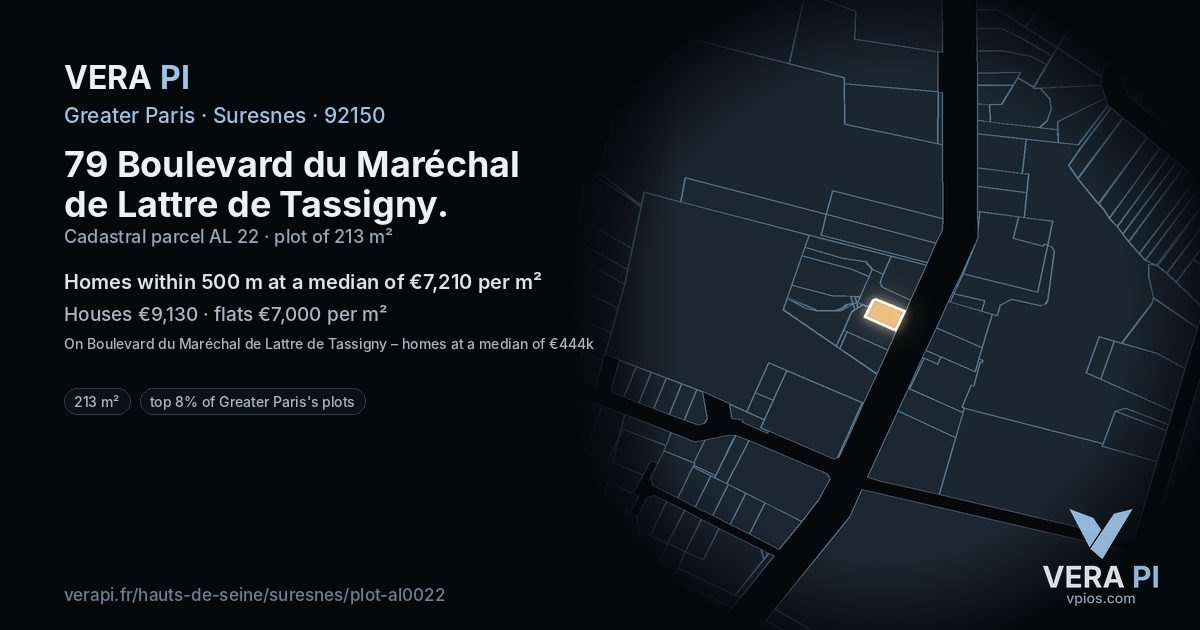 79 Boulevard du Maréchal de Lattre de Tassigny, Suresnes at night – the plot lit, the parcels around coloured by the prices near them