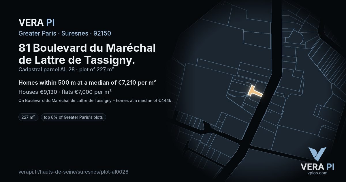 81 Boulevard du Maréchal de Lattre de Tassigny, Suresnes at night – the plot lit, the parcels around coloured by the prices near them