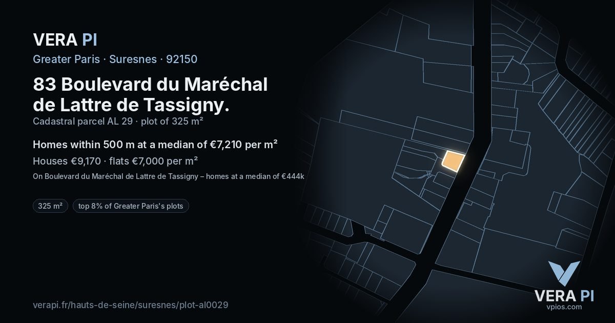 83 Boulevard du Maréchal de Lattre de Tassigny, Suresnes at night – the plot lit, the parcels around coloured by the prices near them