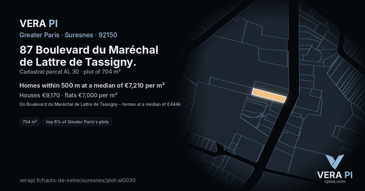 87 Boulevard du Maréchal de Lattre de Tassigny, Suresnes at night – the plot lit, the parcels around coloured by the prices near them