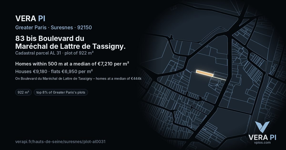 83 bis Boulevard du Maréchal de Lattre de Tassigny, Suresnes at night – the plot lit, the parcels around coloured by the prices near them