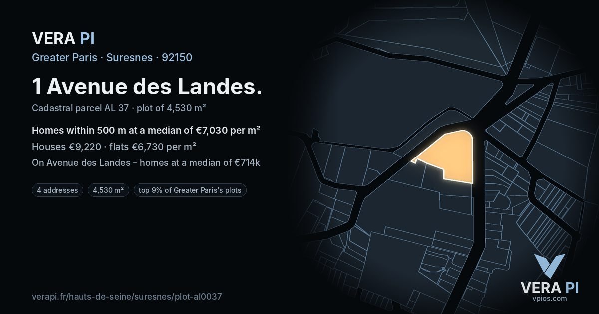 1 Avenue des Landes, Suresnes at night – the plot lit, the parcels around coloured by the prices near them