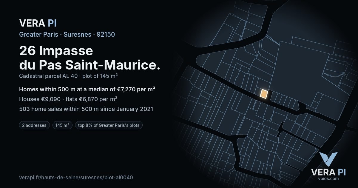 26 Impasse du Pas Saint-Maurice, Suresnes at night – the plot lit, the parcels around coloured by the prices near them