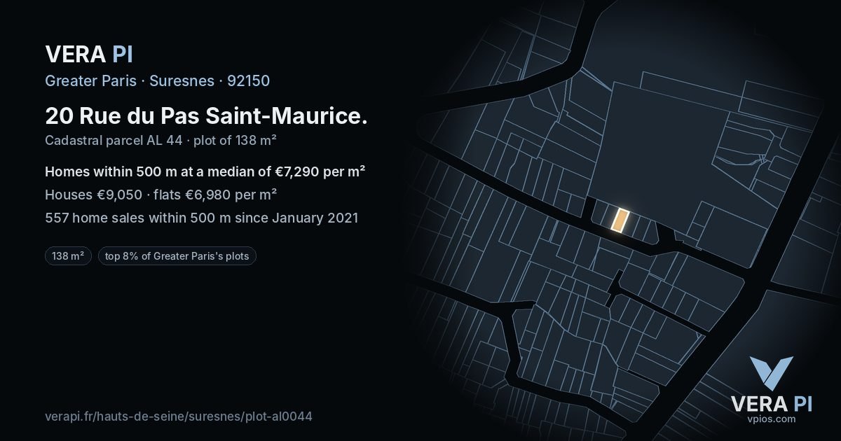 20 Rue du Pas Saint-Maurice, Suresnes at night – the plot lit, the parcels around coloured by the prices near them