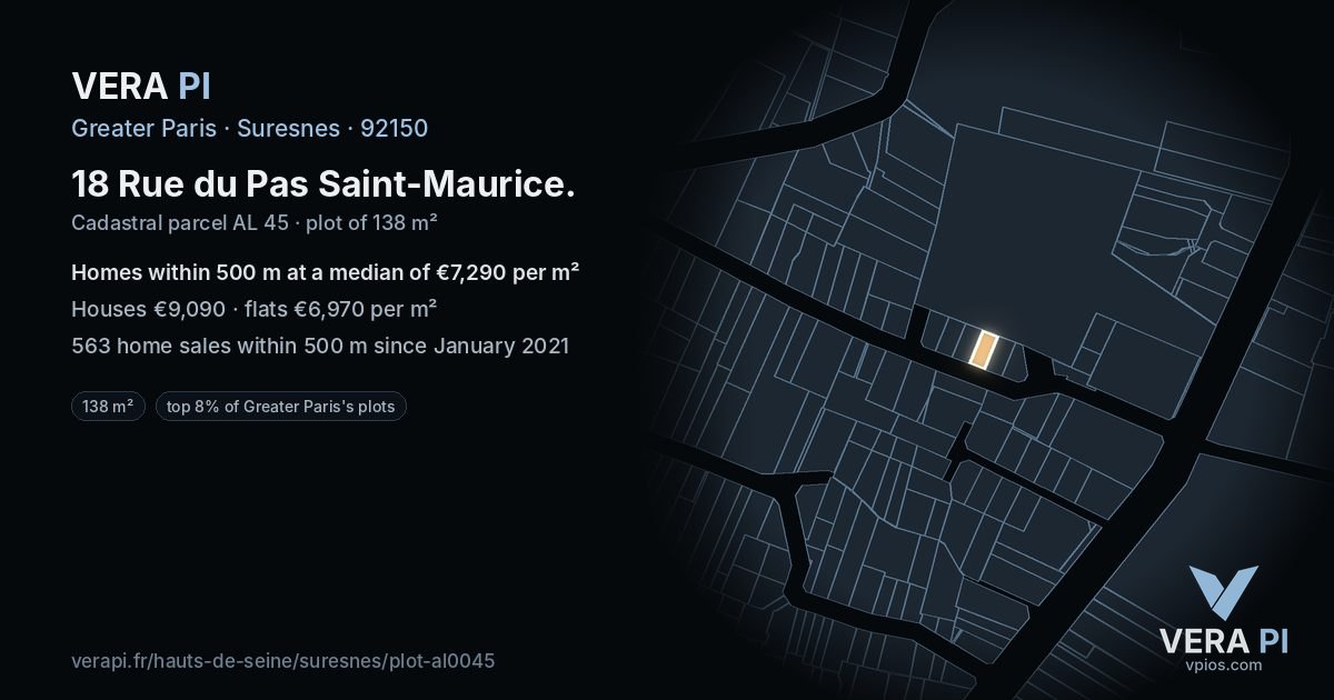 18 Rue du Pas Saint-Maurice, Suresnes at night – the plot lit, the parcels around coloured by the prices near them