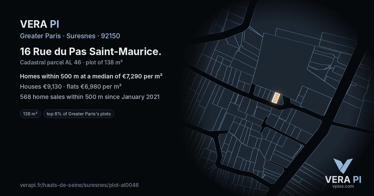 16 Rue du Pas Saint-Maurice, Suresnes at night – the plot lit, the parcels around coloured by the prices near them