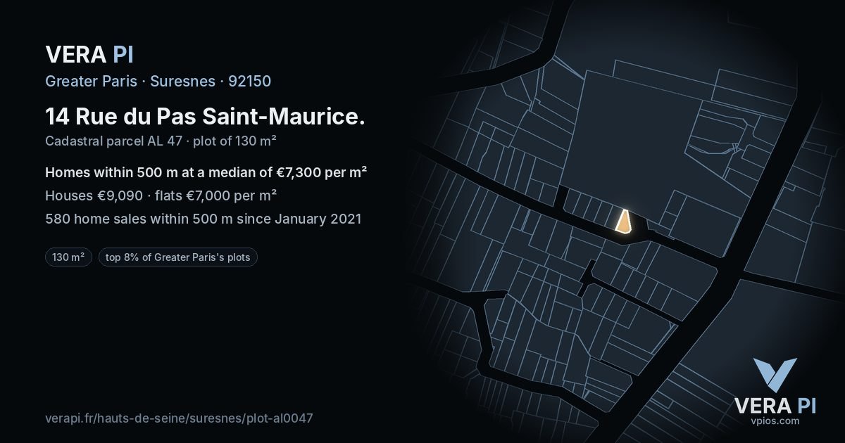 14 Rue du Pas Saint-Maurice, Suresnes at night – the plot lit, the parcels around coloured by the prices near them