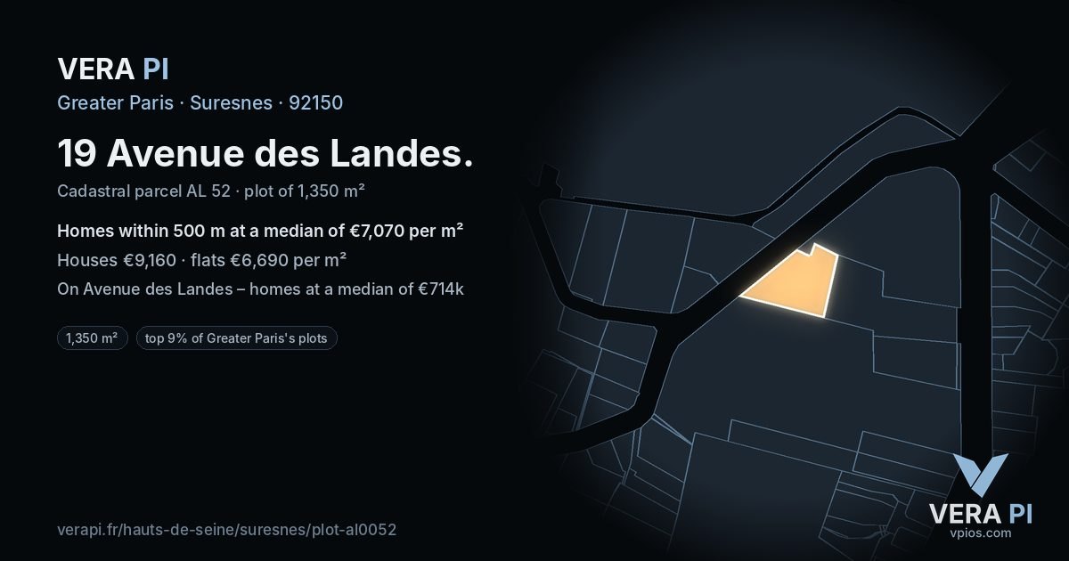 19 Avenue des Landes, Suresnes at night – the plot lit, the parcels around coloured by the prices near them