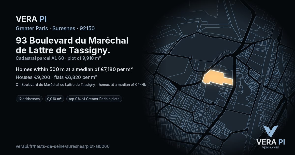 93 Boulevard du Maréchal de Lattre de Tassigny, Suresnes at night – the plot lit, the parcels around coloured by the prices near them