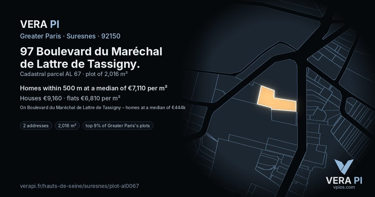 97 Boulevard du Maréchal de Lattre de Tassigny, Suresnes at night – the plot lit, the parcels around coloured by the prices near them
