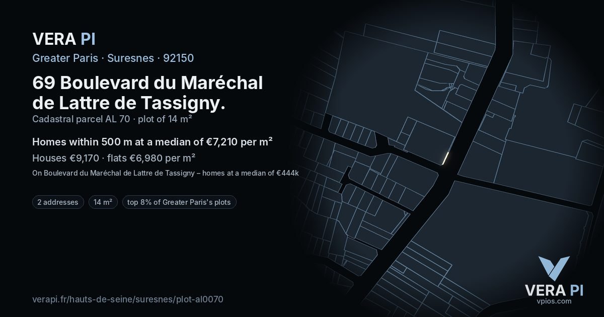 69 Boulevard du Maréchal de Lattre de Tassigny, Suresnes at night – the plot lit, the parcels around coloured by the prices near them