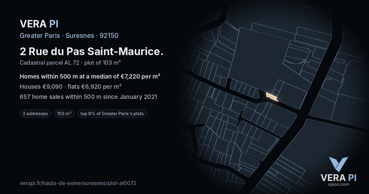 2 Rue du Pas Saint-Maurice, Suresnes at night – the plot lit, the parcels around coloured by the prices near them