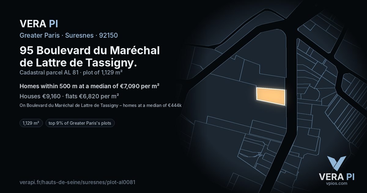 95 Boulevard du Maréchal de Lattre de Tassigny, Suresnes at night – the plot lit, the parcels around coloured by the prices near them