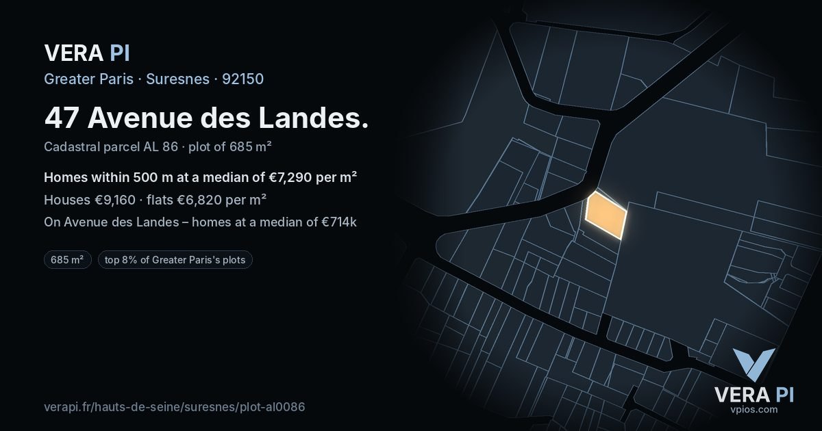 47 Avenue des Landes, Suresnes at night – the plot lit, the parcels around coloured by the prices near them